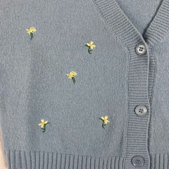 Witty Fox Cardigan Sweater L Blue Ditzy Yellow Flowers Boxy Drop Shoulder - Picture 6 of 9